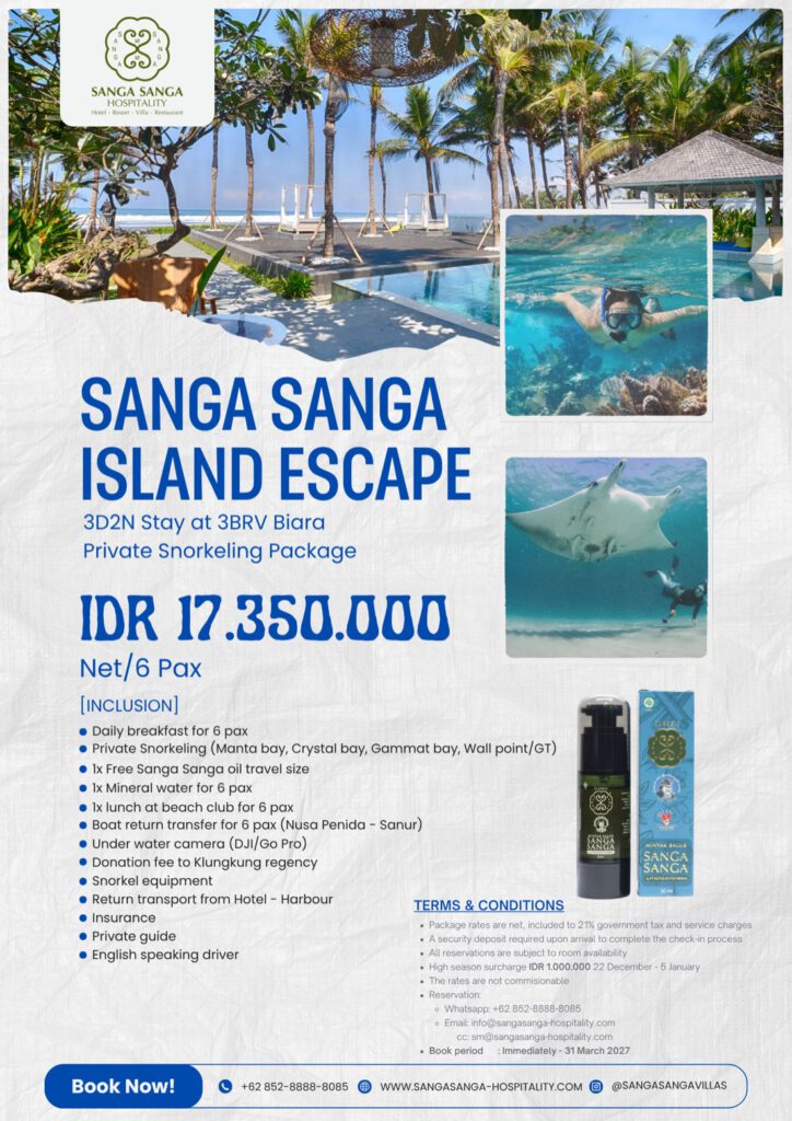 Sanga Sanga Island Escape poster: 3D2N stay at 3BRV Biara with Private Snorkeling Package, IDR 17.350.000 net for 6 pax