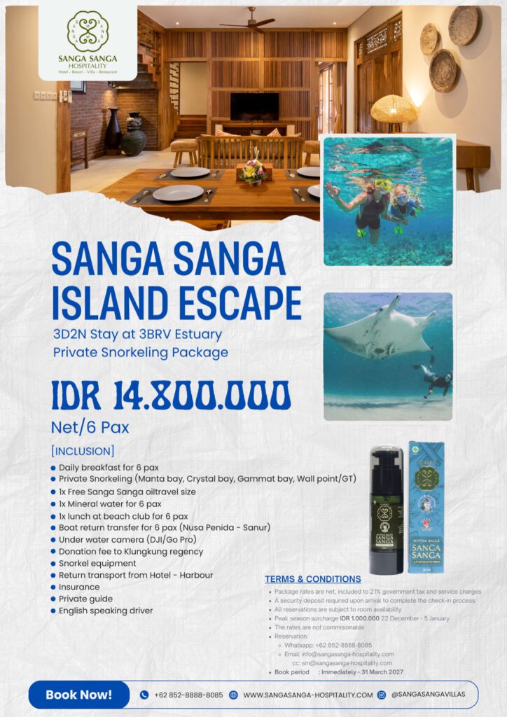 Sanga Sanga Island Escape poster: 3D2N stay at 3BRV Estuary with Private Snorkeling Package, IDR 14.800.000 net for 6 pax