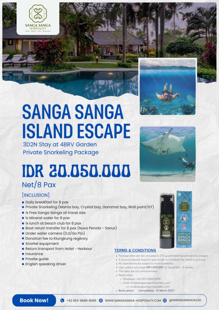 Sanga Sanga Island Escape poster: 3D2N stay at 4BRV Garden with Private Snorkeling Package, IDR 20.050.000 net for 8 pax