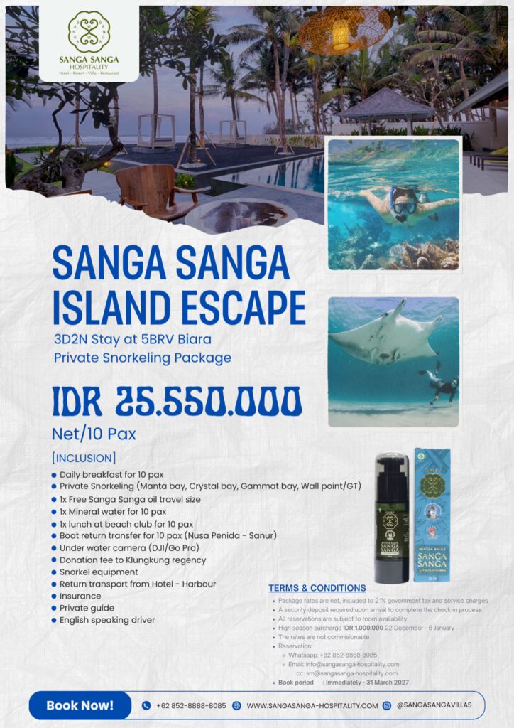 Sanga Sanga Island Escape poster: 3D2N stay at 5BRV Biara with Private Snorkeling Package, IDR 25.550.000 net for 10 pax